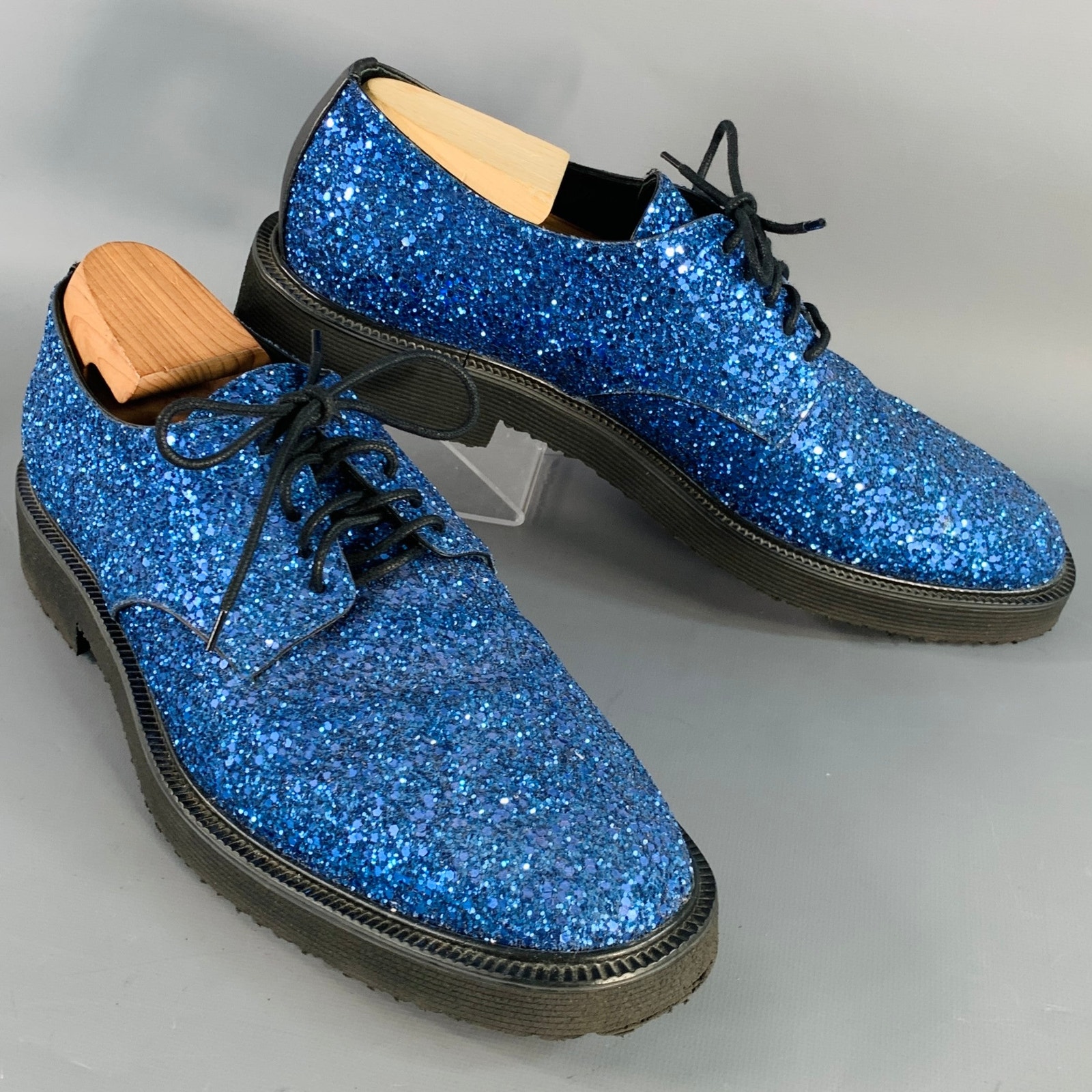 Giuseppe Zanotti Size 11 Blue Glitter Leather Derby Lace-Up Shoes